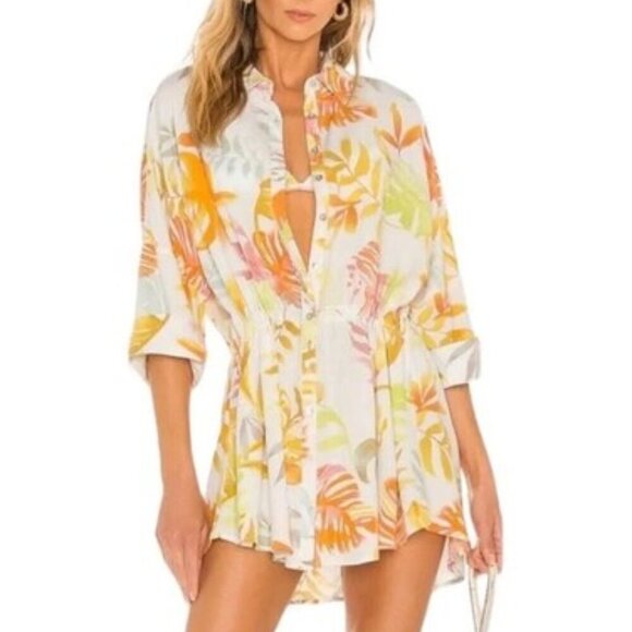 L Space Pacifica Tunic Beach Coverup Leaf Print Drawstring Waist Size XS/S 0-4 - Picture 2 of 9